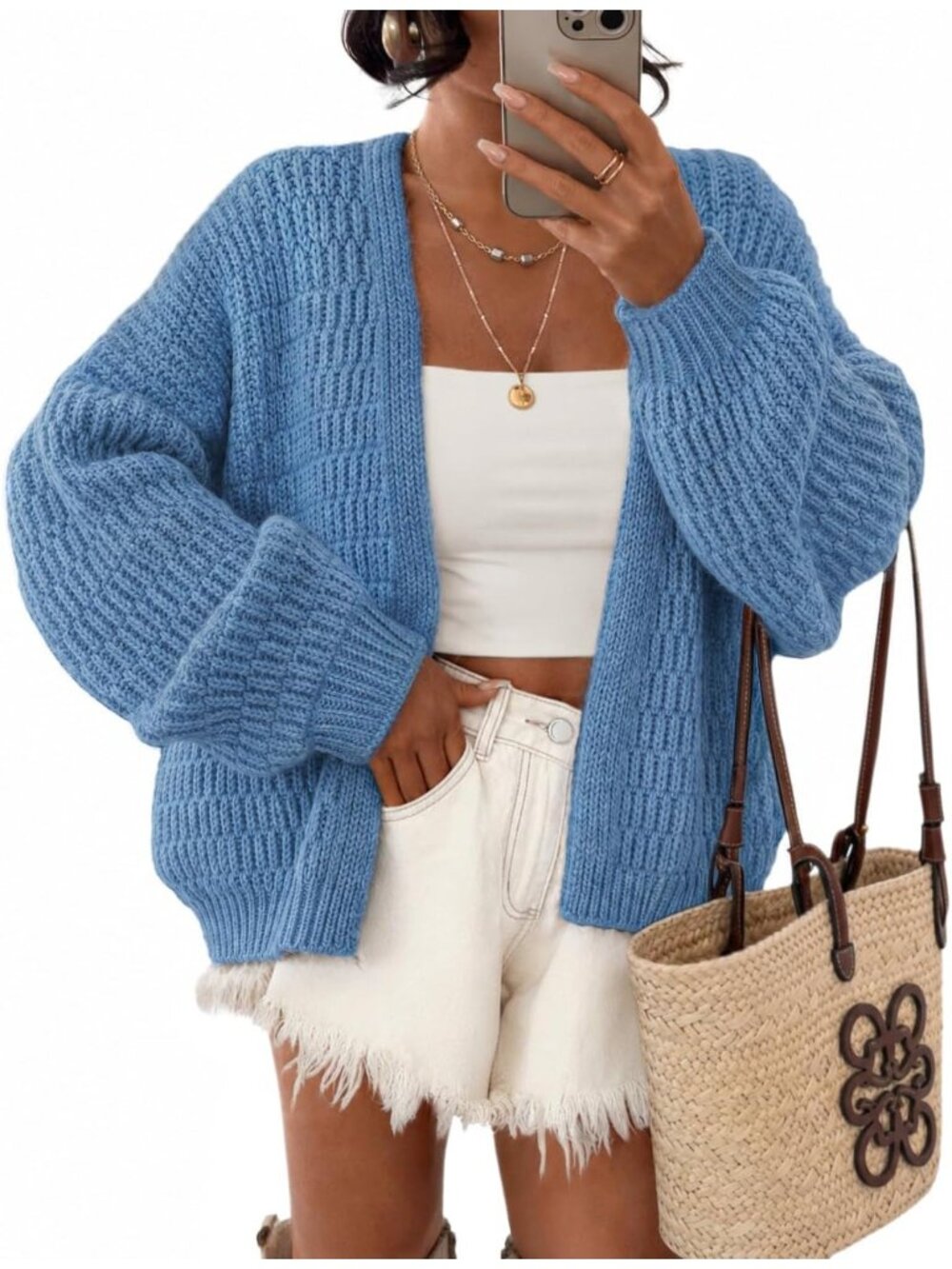 Women's Blue Long Sleeve Chunky Knit Oversized Open Front Cardigan Sweaters